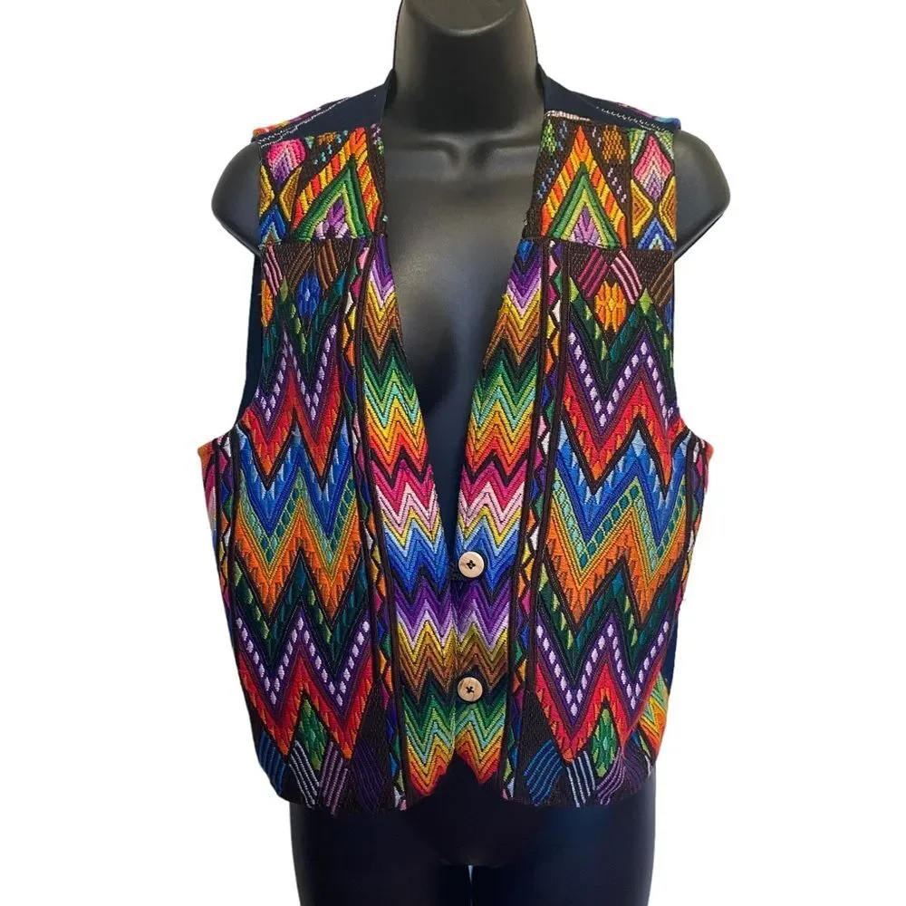 Vintage Colorful Woven Southwestern Two Button Vest Sz M - Picture 12 of 12